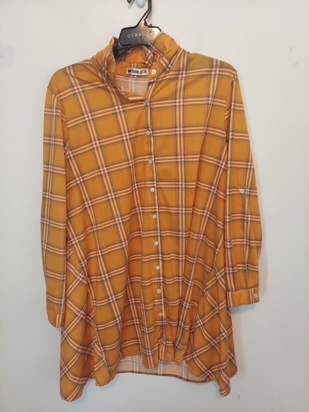 Doublju Yellow Plaid Shirt Dress with White & Orange Stripes